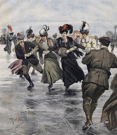 Zimowa zabawa. Łyżwiarze. ilustracja autorstwa Achille Beltrame w 1907 roku. autorstwa Achille Beltrame