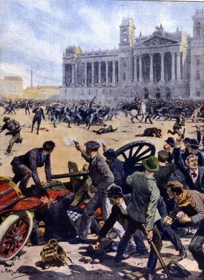 Rewolta robotnicza w Budapeszcie w 1912 r. o powszechne prawo wyborcze. autorstwa Achille Beltrame