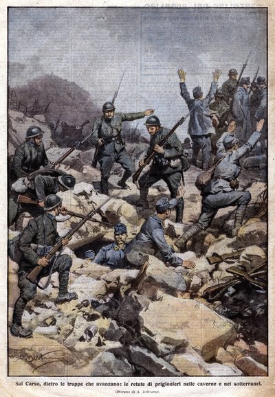 I wojna światowa: front włoski na płaskowyżu Carso (Trentino) i więźniowie w podziemiu. „Domenica del Corriere”. 07/1917 (litografia) autorstwa Achille Beltrame