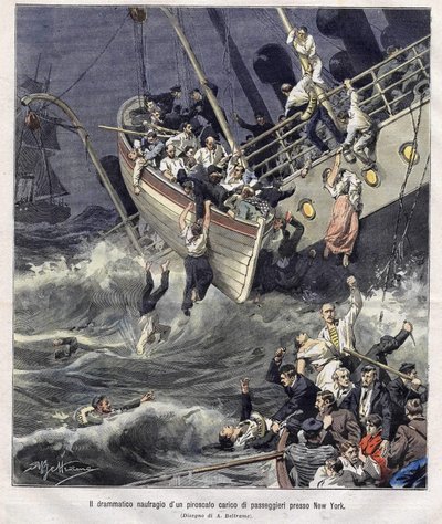 Wrak łodzi Larchmont u wybrzeży Nowego Jorku w lutym 1907 r. autorstwa Achille Beltrame