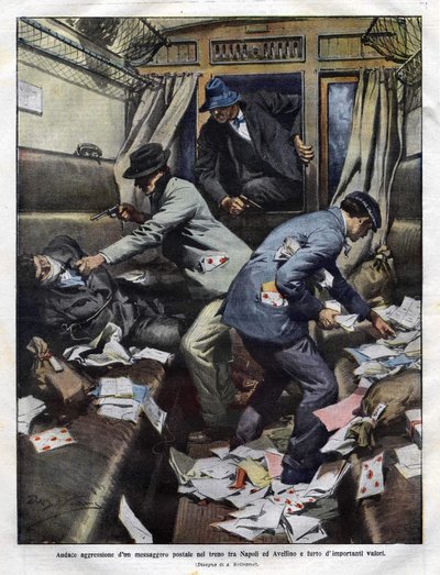 bandyci podczas szturmu w pociągu pocztowym między Neapolem a Avellino w 1910 roku. Ilustracja Achilles Beltrame dla Domenica del Corriere. autorstwa Achille Beltrame