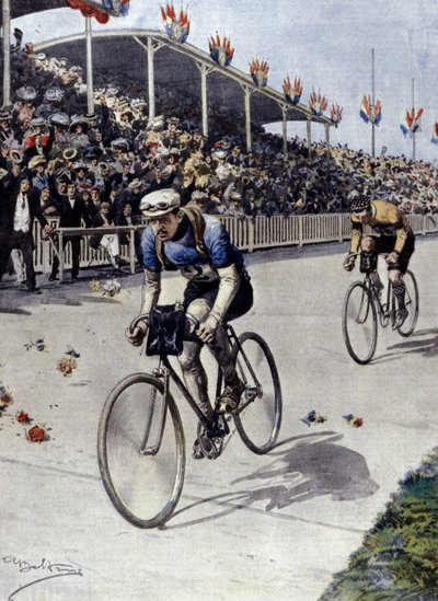 rowerzysta Peer Breton Zwycięzca Tour de France w 1908 roku. ilustracja Achille Beltrame. autorstwa Achille Beltrame