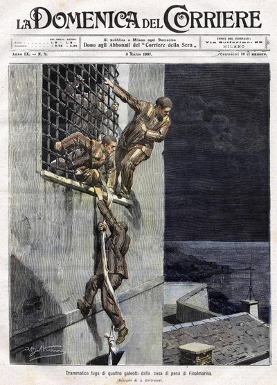 ucieczka trzech więźniów z więzienia Finalmarina we Włoszech w 1907 roku. Ilustracja przedstawiająca Achille Beltrame dla Domenica del Corriere z 3 marca autorstwa Achille Beltrame