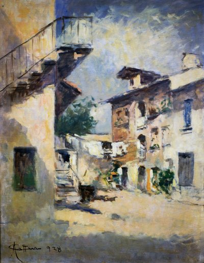 Wnętrze rustykalnego dziedzińca, autorstwa Achille Cattaneo (1872-1931). Włochy, XX wiek. autorstwa Achille Cattaneo