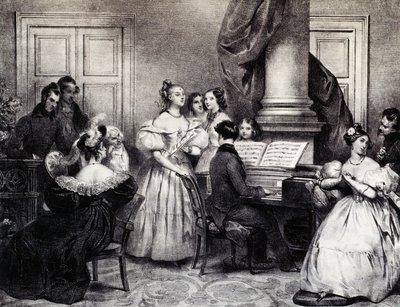 Koncert rodzinny z fortepianem, Achille Deveria (1800-1857), rycina, Francja autorstwa Achille Devéria