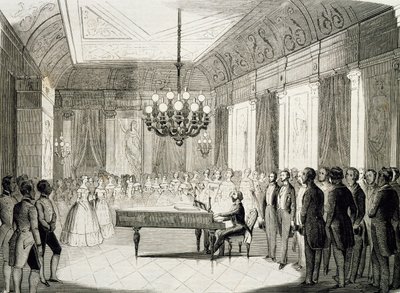 Wieczór muzyczny z fortepianem, Achille Deveria (1800-1857), rycina, Francja autorstwa Achille Devéria
