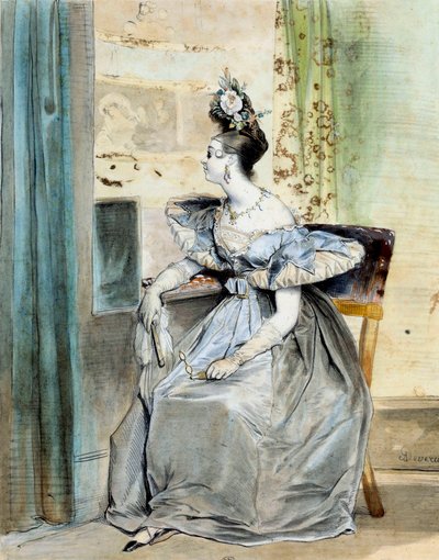Portret Marie Nodier w loży teatralnej o godzinie 10. Jego ojciec Karol prowadził salon literacki odwiedzany przez romantyków (Victor Hugo, Lamartine, Vigny, Dumas, Liszt), a ona była muzą niektórych z nich. Akwarela rytu autorstwa Achille Deveria (18 autorstwa Achille Devéria