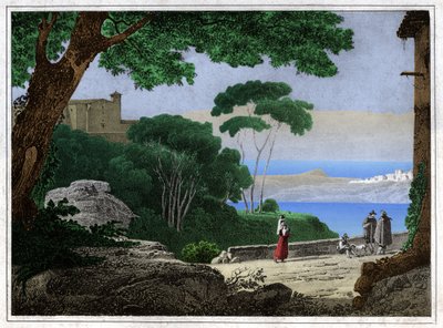 Jezioro Albano. (grafika, ok. 1820) autorstwa Achille Etna Michallon