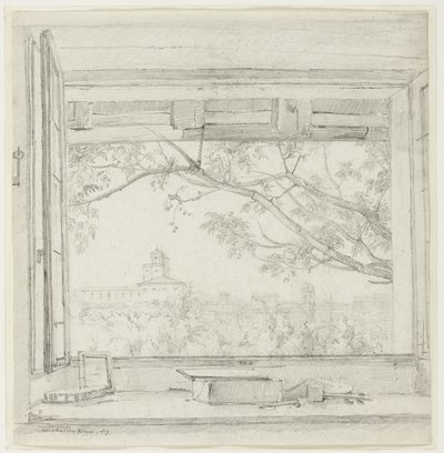 Widok na Villa Medici i Sta Trinità dei Monti z pracowni Ingresa w Pavillon San Gaetano, Rzym autorstwa Achille Etna Michallon