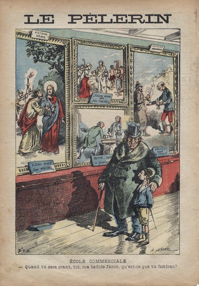 Rysunkowy antysemita napisany przez Achille Lemot dla „Le-Plerin” z września 1896 r. – Szkoła Handlowa: kiedy zostaniesz stypendystą, ty mój przy łóżku Jacobie, co rozdzielisz? autorstwa Achille Lemot