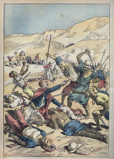 Śmierć markiza Mores (Antoine-Amedee-Marie-Vincent) Manca de Vallombrosa (1858-1896) i jego towarzyszy w pobliżu El-Ouatia (El Ouatia) w Tunezji w 1896 r. - Ilustracja Achille Lemot w „”Le-Pelerin” ” z czerwca 1896 r. autorstwa Achille Lemot