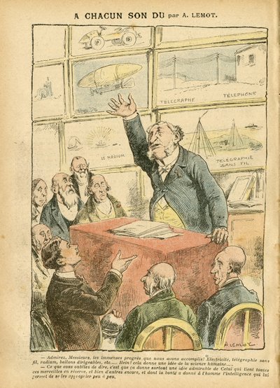 Ilustracja Achille Lemot (1846-1909) w Le Pelerin, 22.09.07 - modernizm, samochód, wiara religijna, ateizm, postęp, telegraf, telegrafia bezprzewodowa, telefon, rad, katolicyzm - intelektualista autorstwa Achille Lemot