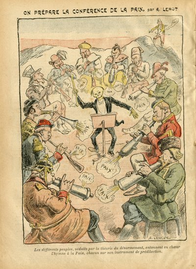 Ilustracja przedstawiająca Achille Lemota (1846-1909) w Le Pelerin, 03.02.07 - Przygotowanie Konferencji Pokojowej - Rosja, Niemcy Prusy, Azja, Muzyka, Ameryka USA USA, Anglia Wielka Brytania, Wschód, Europa, Włochy, Chiny, Kanonicy , muszle, Pokój, Taniec autorstwa Achille Lemot