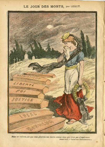 Ilustracja Achille Lemot (1846-1909) w Le Pelerin, 11.03.07 - Dzień Zmarłych - Proces Sprawiedliwości, Wiara Religijna, Liberte, Francja, Trójkolorowa flaga, Patriotyzm, Obseque żałobny Pogrzeb, Honor, Szkatułka - Marianne - Śmierć, metafora religijna autorstwa Achille Lemot