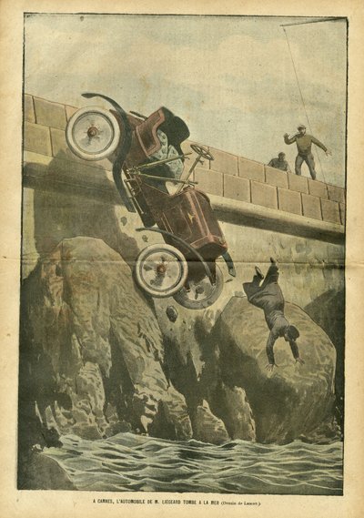 Ilustracja przedstawiająca Achille Lemota (1846-1909) w Le Pelerin, 05.05.07 - W Cannes samochód pana Liegarda spada do morza - Różne fakty, Motoryzacja, Morskie wybrzeże morskie, Wypadki Katastrofy autorstwa Achille Lemot