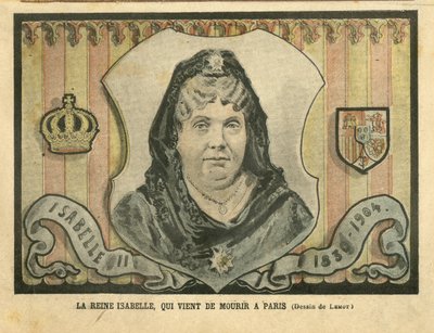 Ilustracja Achille Lemot (1846-1909) w Le Pelerin, 24.04.04 - Królowa Izabela, która właśnie zmarła w Paryżu - Paryż, Hiszpania, Monarchia, Zagraniczny Władca - Izabela II Hiszpanii (1830-1904) autorstwa Achille Lemot