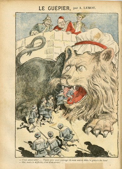 Ilustracja Achille Lemot (1846-1909) w Le Pelerin, 25.08.07 - Le Guepier - Wojna, Niemcy Prusy, Anglia Wielka Brytania, Hiszpania, Morskie Wybrzeże - Lew/Tygrys autorstwa Achille Lemot