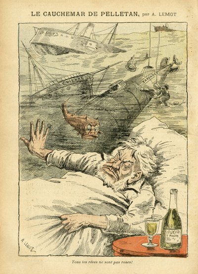 Ilustracja Achille Lemot (1846-1909) w Le Pelerin, 30/07/05 - Koszmar Pelletana - Różne fakty, Armee, Marine Marine Seaside, Łódź podwodna, Wypadki katastrof, Alkohol alkoholowy, Farfadet, Sully, Okręty wojenne - Ryby , Pelletan Cam autorstwa Achille Lemot