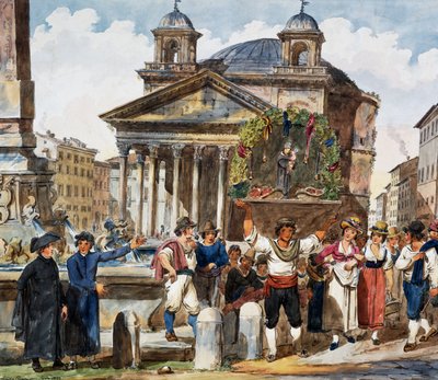 Święto truskawek w Panteonie w Rzymie, akwarela Achille Pinelli (1809-1841), Włochy autorstwa Achille Pinelli