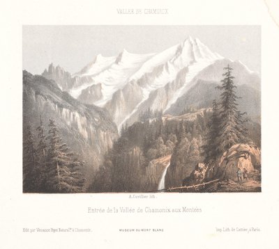 Widok na Chamonix z lodowcem Mer-de-Glace i Aiguille du Dru Chamonix, le Glacier des Bois, et le Dru (tytuł na obiekcie) Wspomnienia Chamonix-Mont-Blanc (tytuł serii) Museum du Mont-Blanc (tytuł serii) autorstwa Ad. Cuvillier