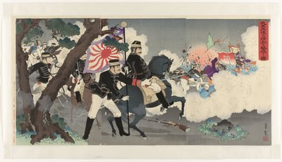 Obraz naszej armii pokonującej Chińczyków w Pjongjangu Waga gun Heijô no shinhei o gekiha suru zu (tytuł obiektu) autorstwa Adachi  Ginkō