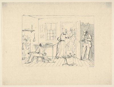 Niewolnicy ukrywający swojego pana przed grupą poszukiwawczą z Confederate War Etchings, 1861-63. autorstwa Adalbert John Volck