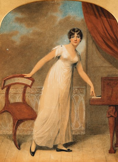 Portret damy stojącej pełnej długości w białej sukni przy fortepianie, 1801 autorstwa Adam Buck