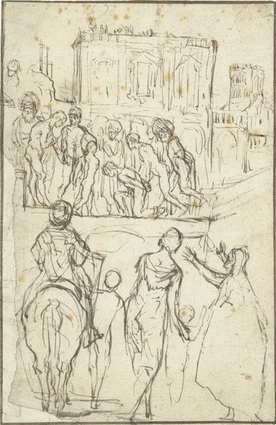 Josephus wird von Nicanor vor Kaiser Vespasianus geführt Josephus jest prowadzony przez Nicanora przed cesarzem Wespazjanem. autorstwa Adam Elsheimer