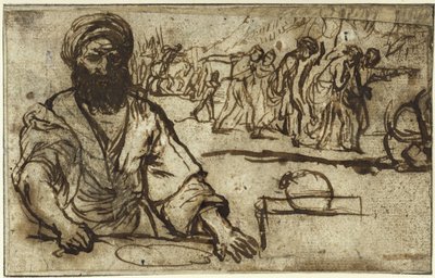 Siedzący brodaty mężczyzna, w tle pochód ludzi i jeźdźców autorstwa Adam Elsheimer