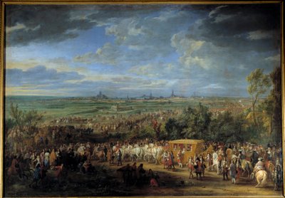 Między królem Ludwikiem XIV a królową Marią Teresą 30 lipca 1667 w Arras”” Obraz Adama Van Der Meulena (1632-1690) XVII-wieczne słońce. 2,32 x 3,31 m autorstwa Adam Frans van der Meulen