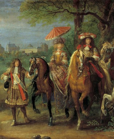 Król Ludwik XIV (1638-1715) i królowa Marie-Teresa Austrii (1638-1683) spacerujący przed zamkiem Vincennes w 1669 r. Fragment obrazu Adama Fransa Van der Meulena (1632-1690) autorstwa Adam Frans van der Meulen