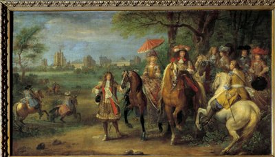 Król Ludwik XIV (1638-1715) i królowa Austrii Maria Teresa (1638-1683) idący przed zamkiem Vincennes w 1669 Obraz Adama Fransa Van der Meulena (1632-1690) autorstwa Adam Frans van der Meulen