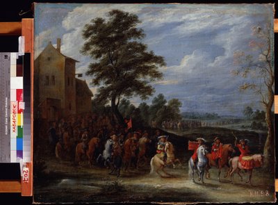 Pułk kawalerii przechodzący nad obszarem (pułk kawalerii zajmuje pole). Obraz Adama Fransa van der Meulena (1632-1690). Olej na płótnie, 65 x 78,5 cm, Sztuka flamandzka, Sztuka baroku. Muzeum Dalekiego Wschodu, Chabarowsk. © FineArtImage/Leemage autorstwa Adam Frans van der Meulen