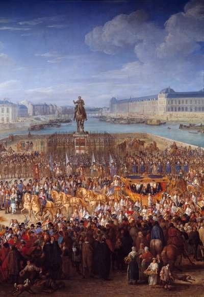 Powóz królewski. Centralny detal przedstawiający Ludwika XIV (1638-1715) przejeżdżającego swoim powozem przez Pont Neuf. Obraz Adama Francois Van Der Meulena (1632-1690) autorstwa Adam Frans van der Meulen