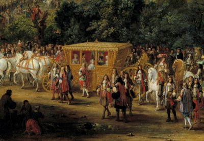 Spodenki i orszak. Szczegół „”Wejście do Arras przez Ludwika XIV i Marie Therese 30 lipca autorstwa Adam Frans van der Meulen