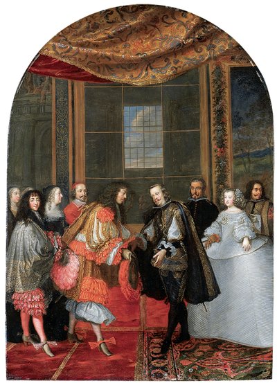Spotkanie królów Filipa IV i Ludwika XIV na Bażantowej Wyspie (olej na miedzi) autorstwa Adam Frans van der Meulen