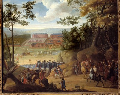Widok na Wersal w 1664 roku z królem Francji Ludwikiem XIV (1638-1715) i kompanią muszkieterów. Obraz Adamsa Fransa Van der Meulena (1632-1690) autorstwa Adam Frans van der Meulen