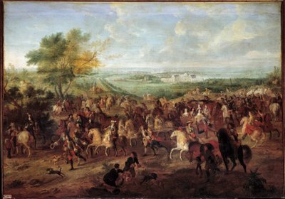 Spacer powozem króla Ludwika XIV (1638-1715), królowej Marii Teresy Austrii, Ludwika Delfina i Dauphine przed zamkiem Clagny w Wersalu Obraz Adama van der Meulena (1632-1690) Około 1680 r. nd. 1,4x1,9 autorstwa Adam Frans van der Meulen