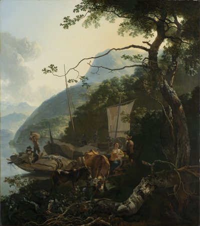 Przewoźnicy zacumowani na brzegu włoskiego jeziora, 1650-70 autorstwa Adam Pynacker