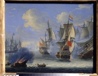 Bitwa morska (bitwa morska). Obraz Adama Silo (1674-1757). Olej na płótnie, 25 x 33,5 cm. Sztuka holenderska, sztuka barokowa. Państwowe Muzeum Sztuki, Tula (lub Tolan). autorstwa Adam Silo