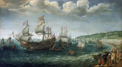 Zaokrętowanie Fryderyka I Wittelsbacha (1596-1632), elektora Palatynatu (który zostanie królem Czech), na statku "Prince Royal" w Dover (Anglia), 25 kwietnia autorstwa Adam Willaerts