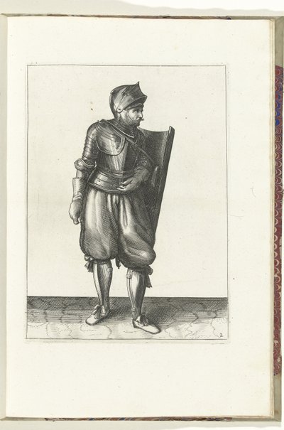 Ćwiczenie z tarczą i rapierem: żołnierz przenosi tarczę z tyłu przez lewe ramię (nr 2), 1618 Nassausche Wapen-Handelinge, van Schilt, Szpiedzy, Rappier i Tarcza : przedstawione beyde figuerlick i oprawione w nowy porządek [z] (... autorstwa Adam van Breen