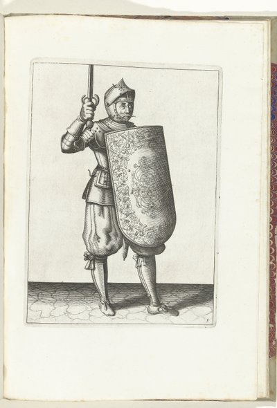 Ćwiczenie na tarczę i rapier: Żołnierz trzyma wyciągnięty rapier nie wyżej niż twarz (nr 5), 1618 Nassausche Wapen-Handelinge, van Schilt, Szpiedzy, Rappier i Tarcza: przedstawiony beyde figuerlick i oprawiony w nowy porządek [z] autorstwa Adam van Breen