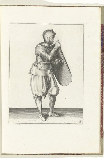 Wiertło z tarczą i rapierem: żołnierz prawą ręką trzyma tarczę, lewą chwyta za pas (nr 3), 1618 Nassausche Wapen-Handelinge, van Schilt, Szpiedzy, Rappier i Tarcza: przedstawione beyde figuerlick, a obramowane po autorstwa Adam van Breen