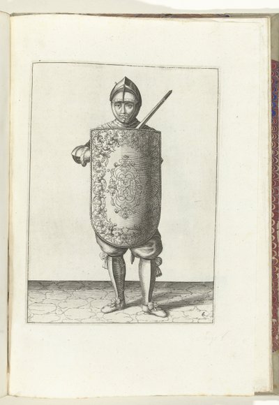 Wiertło z tarczą i rapierem: żołnierz trzyma tarczę przed klatką piersiową, a narysowany rapier przy lewym ramieniu (nr 6), 1618 Nassausche Wapen-Handelinge, van Schilt, Szpiedzy, Rappier i Tarcza: przedstawione beyde figuerlick, otoczone ramką autorstwa Adam van Breen