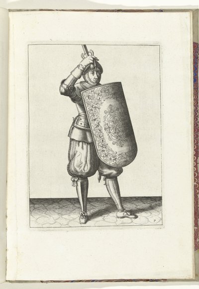 Wiertło z tarczą i rapierem: jak żołnierz powinien zamknąć przyłbicę hełmu z tarczą i narysowanym rapierem w dłoni (nr 7), 1618 Nassausche Wapen-Handelinge, van Schilt, Szpiedzy, Rappier i Tarcza: przedstawiony beyde figuerlick i autorstwa Adam van Breen