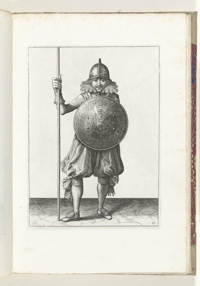 Ćwiczenie z tarczą i włócznią: żołnierz trzykrotnie cofa włócznię do pozycji spoczynkowej, ruch trzeci (nr 12), 1618 Nassausche Wapen-Handelinge, van Schilt, Szpiedzy, Rappier i Tarcza: przedstawione beyde figuerlick, otoczone ramką autorstwa Adam van Breen
