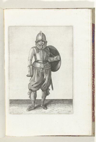 Ćwiczenie z tarczą i kolcem: Żołnierz odkłada tarczę do tyłu lewym ramieniem (nr 26), 1618 De Nassausche Wapen-Handelinge, van Schilt, Spies, Rappier ende Targe : przedstawiony beyde figuerlick, ende oprawiony w nowy porządek [z] (.. autorstwa Adam van Breen