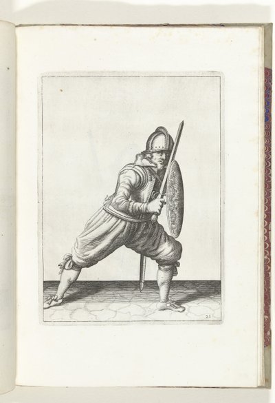 Ćwiczenie z tarczą i kolcem: żołnierz w pozycji obronnej z jedną nogą z przodu iz rapierem i tarczą na kolanie z przodu ciała (nr 21), 1618 The Nassausche Wapen-Handinge, van Schilt, Spies, Rappier andde Targe: beyde figuerli autorstwa Adam van Breen