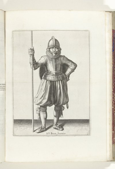 Ćwiczenie na tarczę i kolec: żołnierz w spoczynku, kolec w dłoni i tarcza na grzbiecie (nr 1), 1618 Nassausche Wapen-Handelinge, van Schilt, Szpiedzy, Rappier i Tarcza: przedstawione beyde figuerlick, ujęte w nowy porządek [z] ( autorstwa Adam van Breen